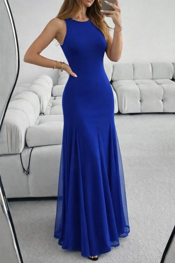 Kadın Askılı Bisiklet Yaka Etek Ucu Tül Detaylı Asimetrik Kiloş Uzun Ithal Krep Elbise