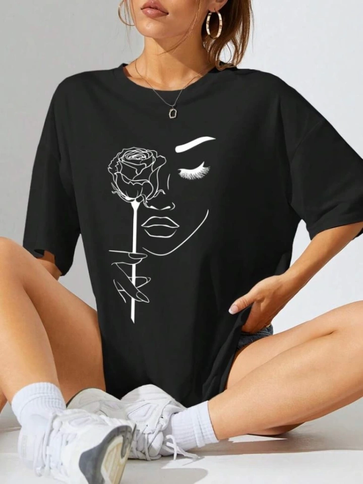 Baskılı Oversize T-shirt - Siyah