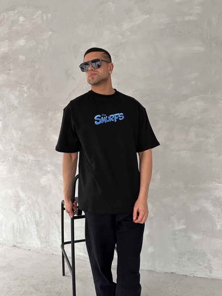 Ön Ve Arka Baskılı Oversize Bisiklet Yaka T-shirt- Siyah