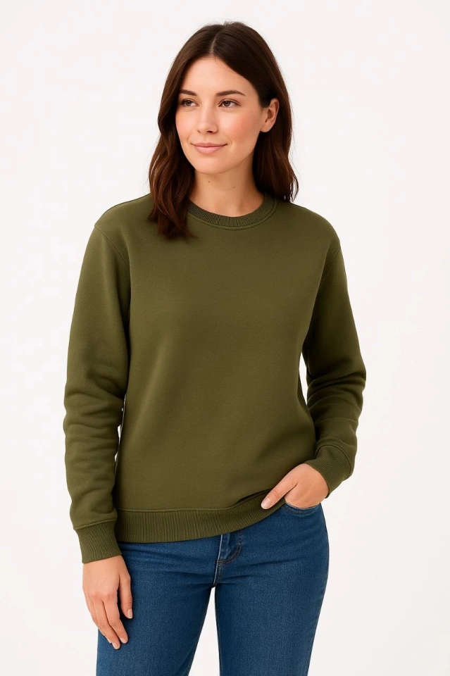 Üç İplik Düz Bisiklet Yaka SweatShirt - Haki