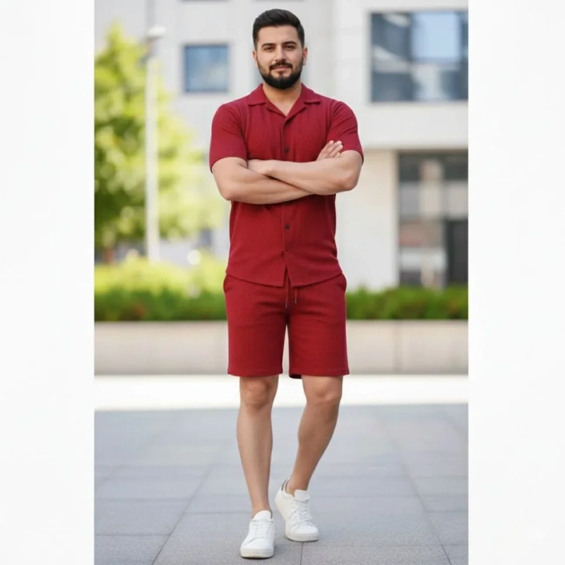 Erkek Waffle Kumaş Kısa Kollu Düğmeli Açık Yaka Regular Fit Gömlek - Siyah