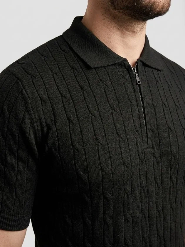 Erkek Yazlık Triko Saç Örgü Tişört Kısa Kol Polo Yaka Fermuarlı T-Shirt - Siyah
