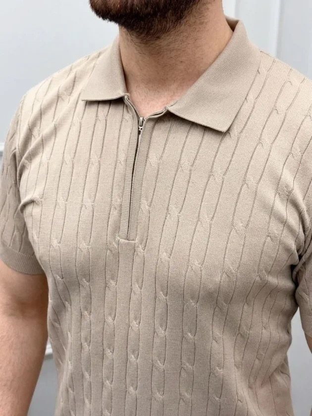 Erkek Yazlık Triko Saç Örgü Tişört Kısa Kol Polo Yaka Fermuarlı T-Shirt - Bej