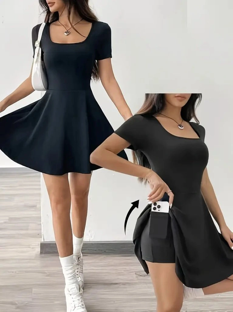 Kadın Kısa Kollu Kare Yaka Short Detaylı Cepli Dalgıç Elbise